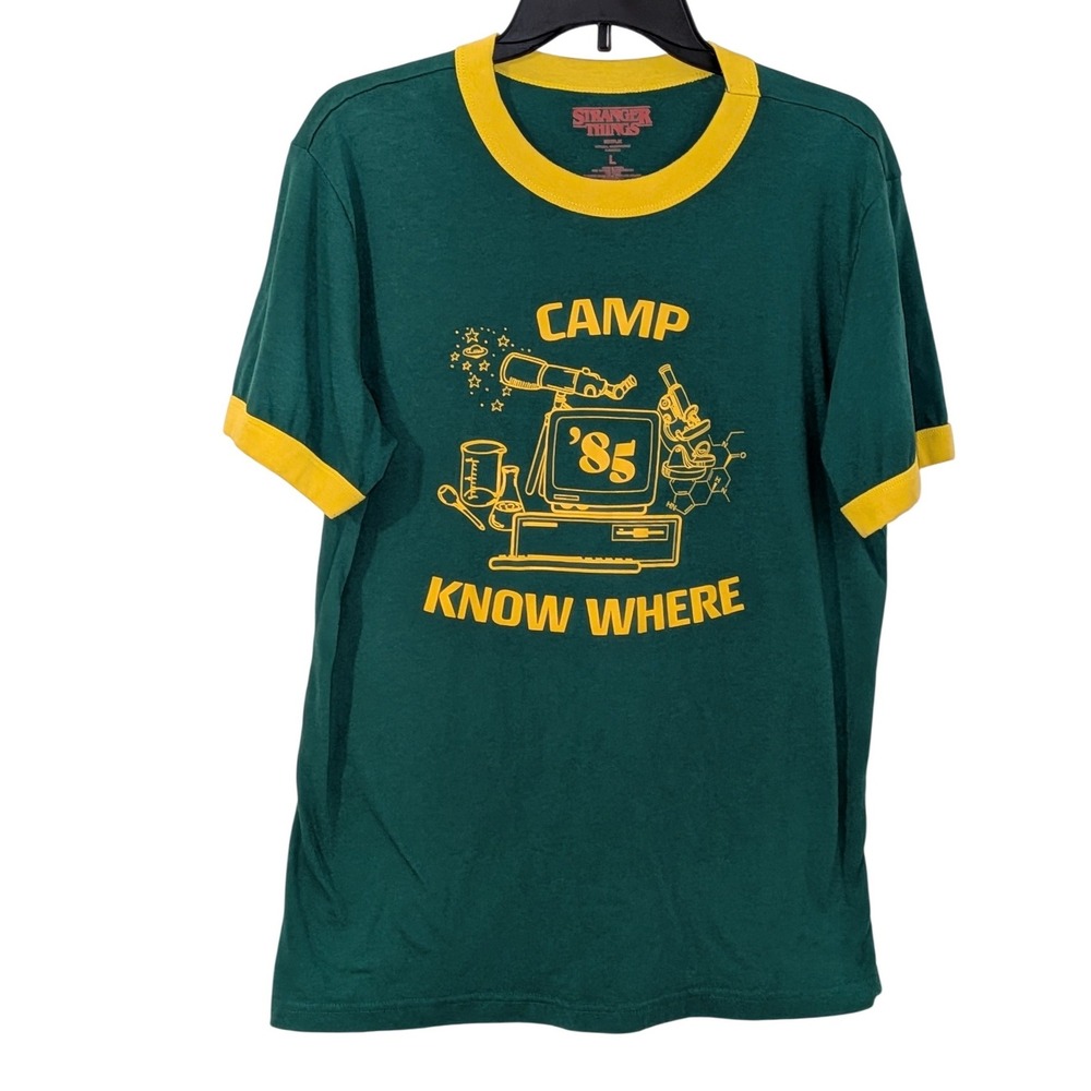 Stranger Things Camp Know Where 85‎ Ringer T-Shirt Large Green Yellow Netflix - Picture 2 of 8